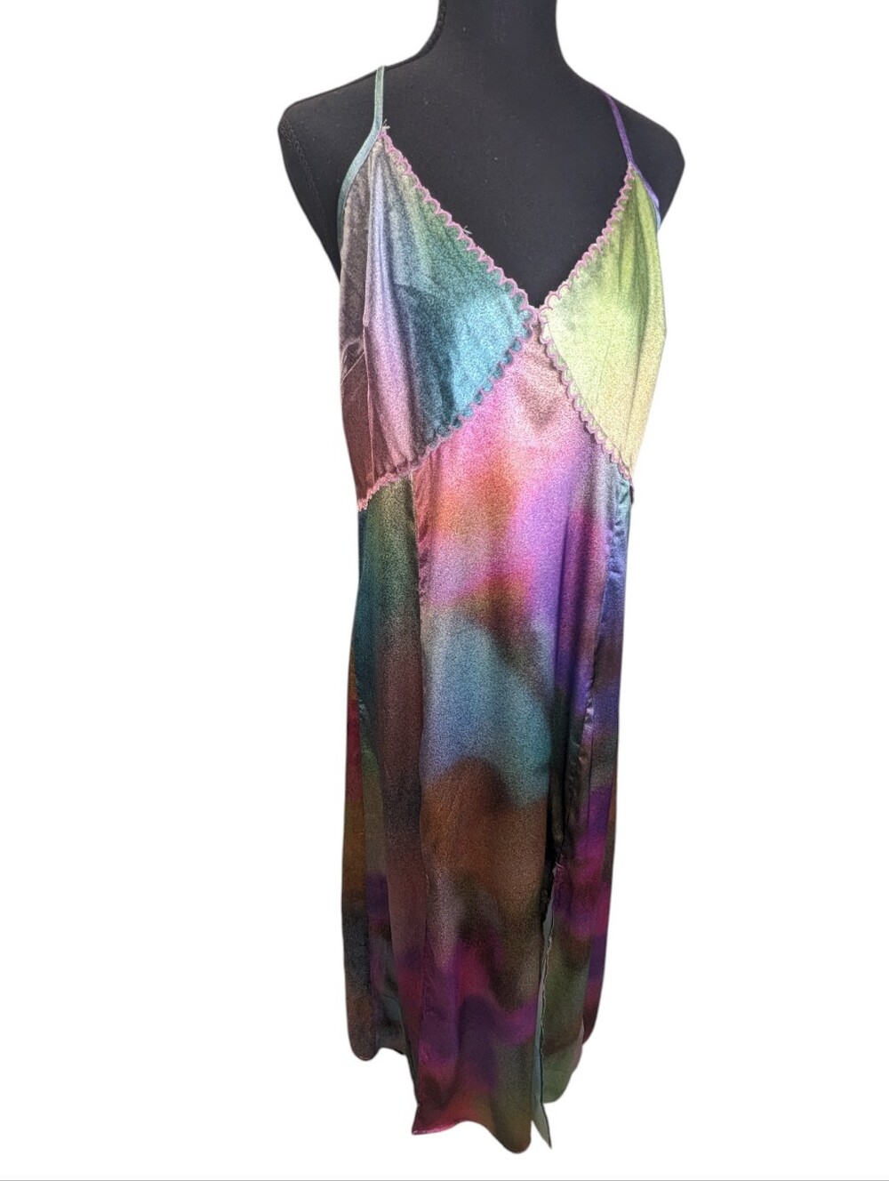 Anthropologie New Ceci Erlich Scalloped Muliicolor Satin Slip Dress XL Flaws